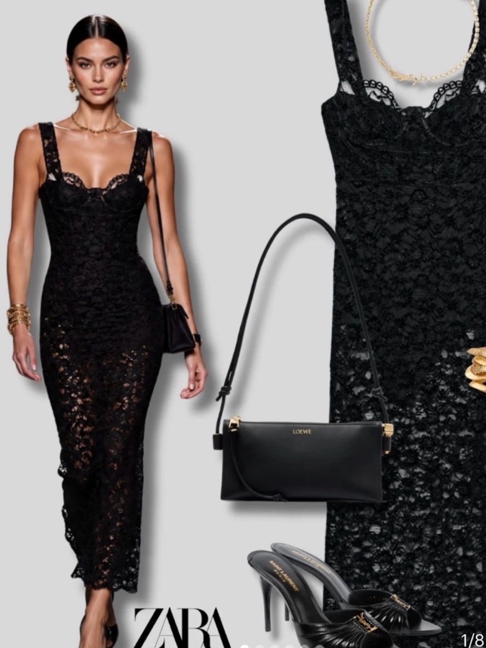 ZARA Black Lace Midi Dress with Corset Bodice